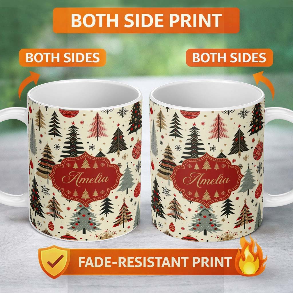 Personalized Custom Name Modern Minimal Christmas Trees with Black Gold Red Accents Seamless 11oz Ceramic Coffee Tea Mug White Large Handle