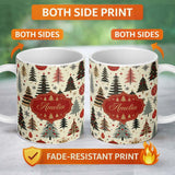 Personalized Custom Name Modern Minimal Christmas Trees with Black Gold Red Accents Seamless 11oz Ceramic Coffee Tea Mug White Large Handle