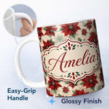 Personalized Custom Name Elegant Beige Background Poinsettia Floral Classic Seamless Pattern 11oz Ceramic Coffee Tea Mug White Large Handle