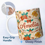 Personalized Custom Name Cute Gingerbread Candy Cane Holly Berry Seamless Pattern Lovely 11oz Ceramic Coffee Tea Mug White Large Handle