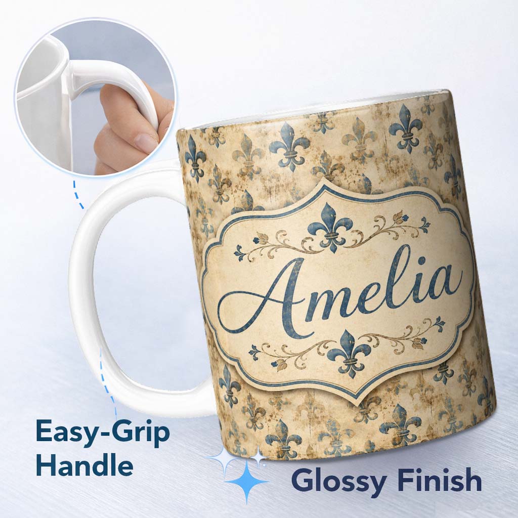 Personalized Custom Name Elegant Neutral Fleur de Lis Pattern in Soft Beige Tones on Light 11oz Ceramic Coffee Tea Mug White Large Handle