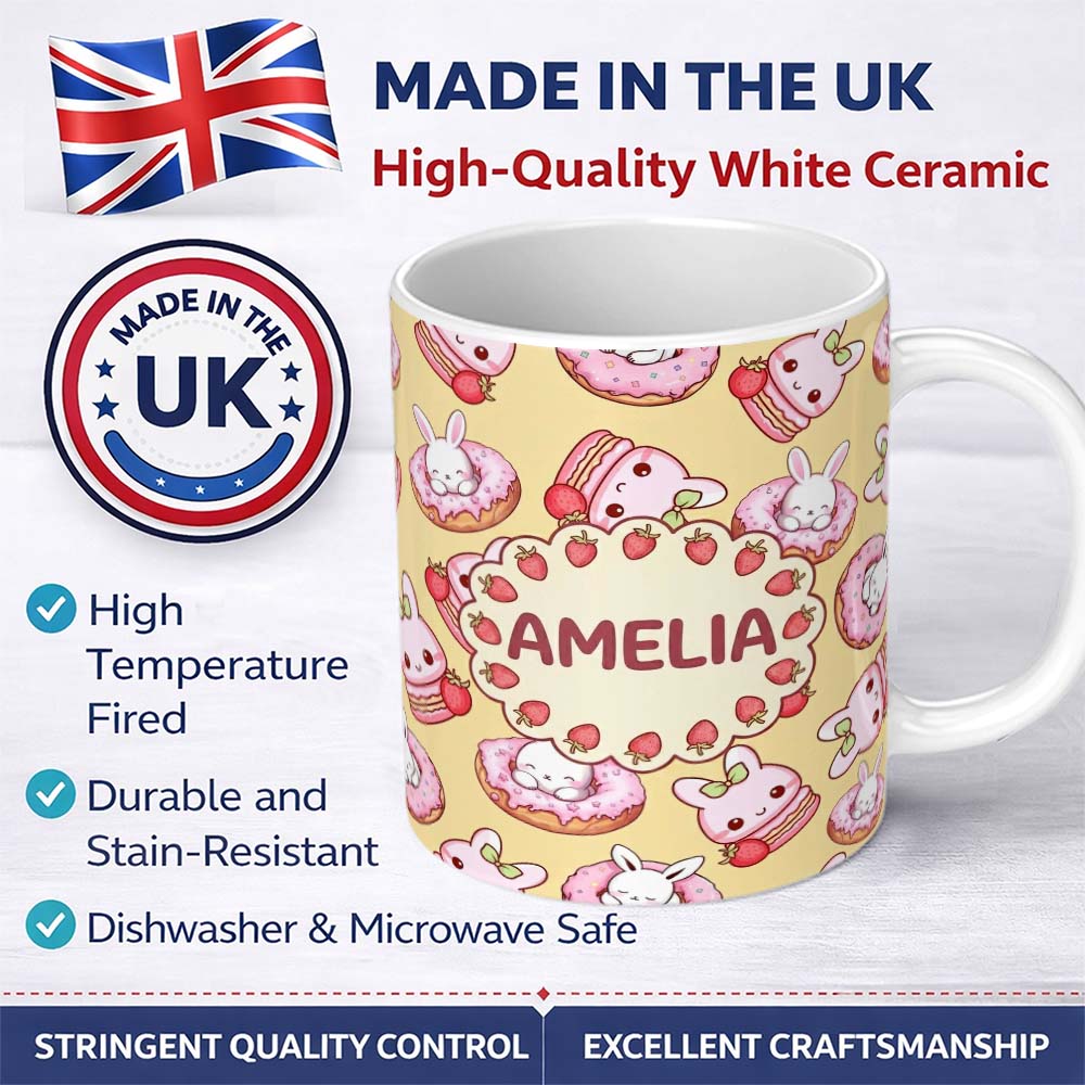 Personalized Custom Name Cute Kawaii Bunny Donuts Strawberry Dessert Pattern Pastel Yellow 11oz Ceramic Coffee Tea Mug White Large Handle