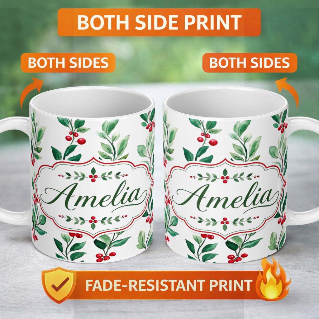 Personalized Custom Name Watercolor Winter Berry Branches Red Green Seamless Pattern Lovely 11oz Ceramic Coffee Tea Mug White Large Handle