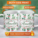 Personalized Custom Name Watercolor Winter Berry Branches Red Green Seamless Pattern Lovely 11oz Ceramic Coffee Tea Mug White Large Handle