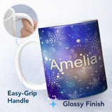 Personalized Custom Name Blue Snowflake Bokeh Winter Seamless Pattern Design Soft Glow Lovely 11oz Ceramic Coffee Tea Mug White Large Handle
