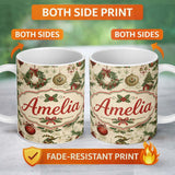 Personalized Custom Name Rustic Christmas Wreath Bell Ornament Holiday Seamless Pattern 11oz Ceramic Coffee Tea Mug White Large Handle