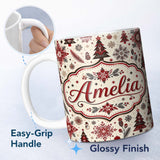 Personalized Custom Name Vintage Red Black Snowflakes and Christmas Trees Seamless Pattern 11oz Ceramic Coffee Tea Mug White Large Handle