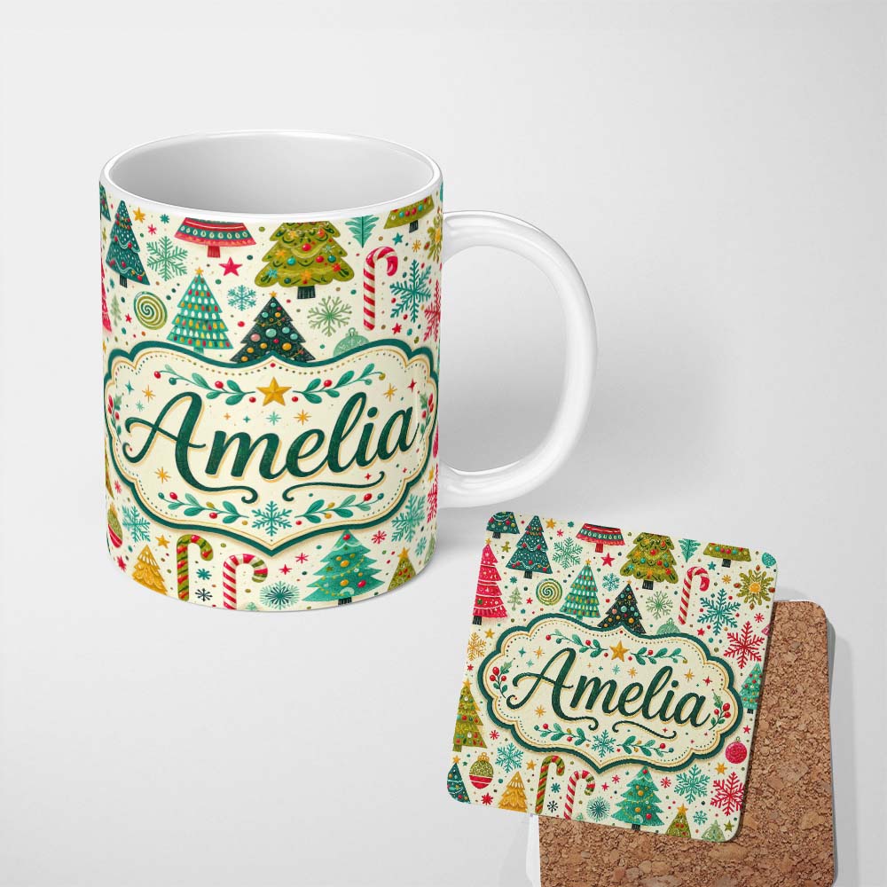 Personalized Custom Name Festive Christmas Trees Candy Canes Snowflakes Stars Baubles Holiday 11oz Ceramic Coffee Tea Mug White Large Handle