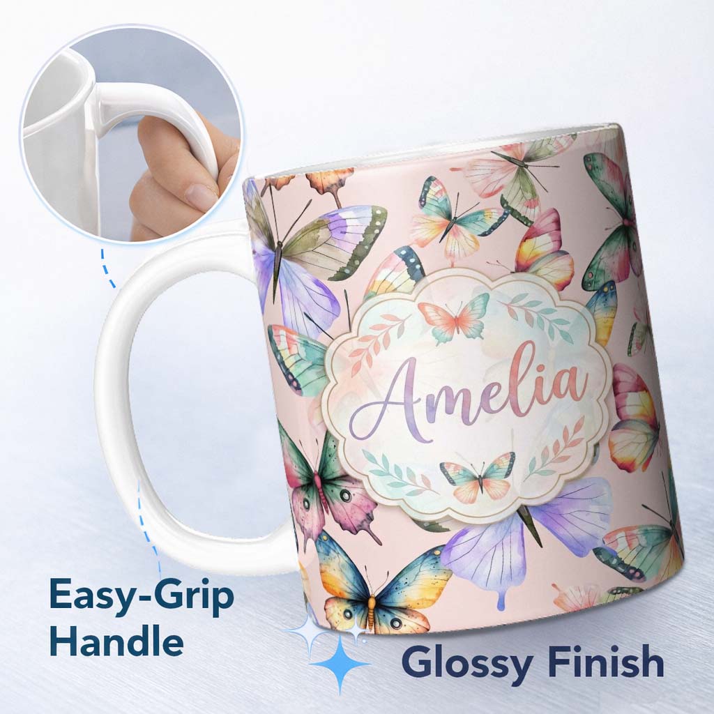 Personalized Custom Name Pastel Watercolor Butterflies Blush Pink Background Seamless Pattern 11oz Ceramic Coffee Tea Mug White Large Handle