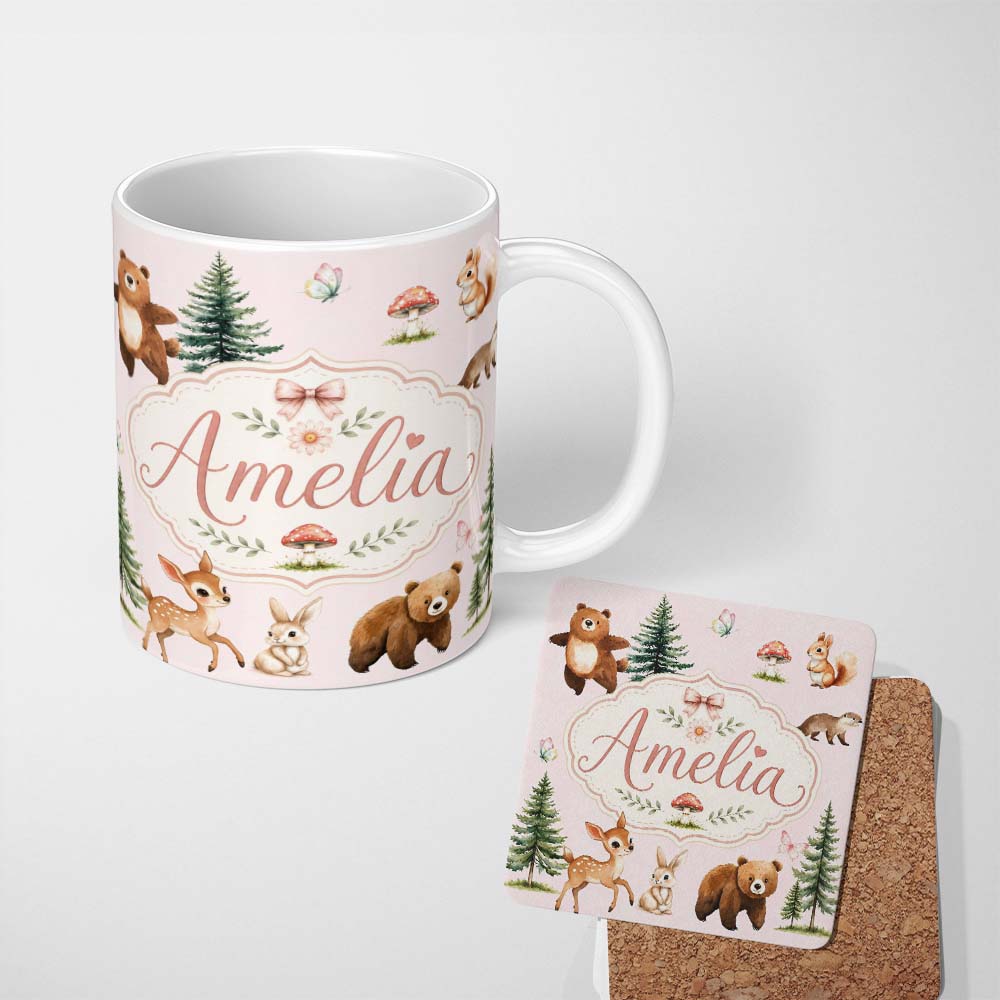 Personalized Custom Name Bear Bunny Squirrel Trees Mushrooms Butterfly Soft Blush Seamless 11oz Ceramic Coffee Tea Mug White Large Handle