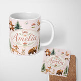 Personalized Custom Name Bear Bunny Squirrel Trees Mushrooms Butterfly Soft Blush Seamless 11oz Ceramic Coffee Tea Mug White Large Handle