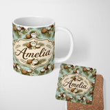 Personalized Custom Name Tropical Coconuts Palm Leaves and White Flowers on Soft Blue Beach 11oz Ceramic Coffee Tea Mug White Large Handle