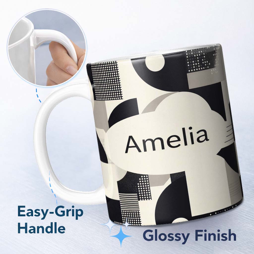 Personalized Custom Name Modern Geometric Circles Black Cream Mid Century Abstract Pattern 11oz Ceramic Coffee Tea Mug White Large Handle