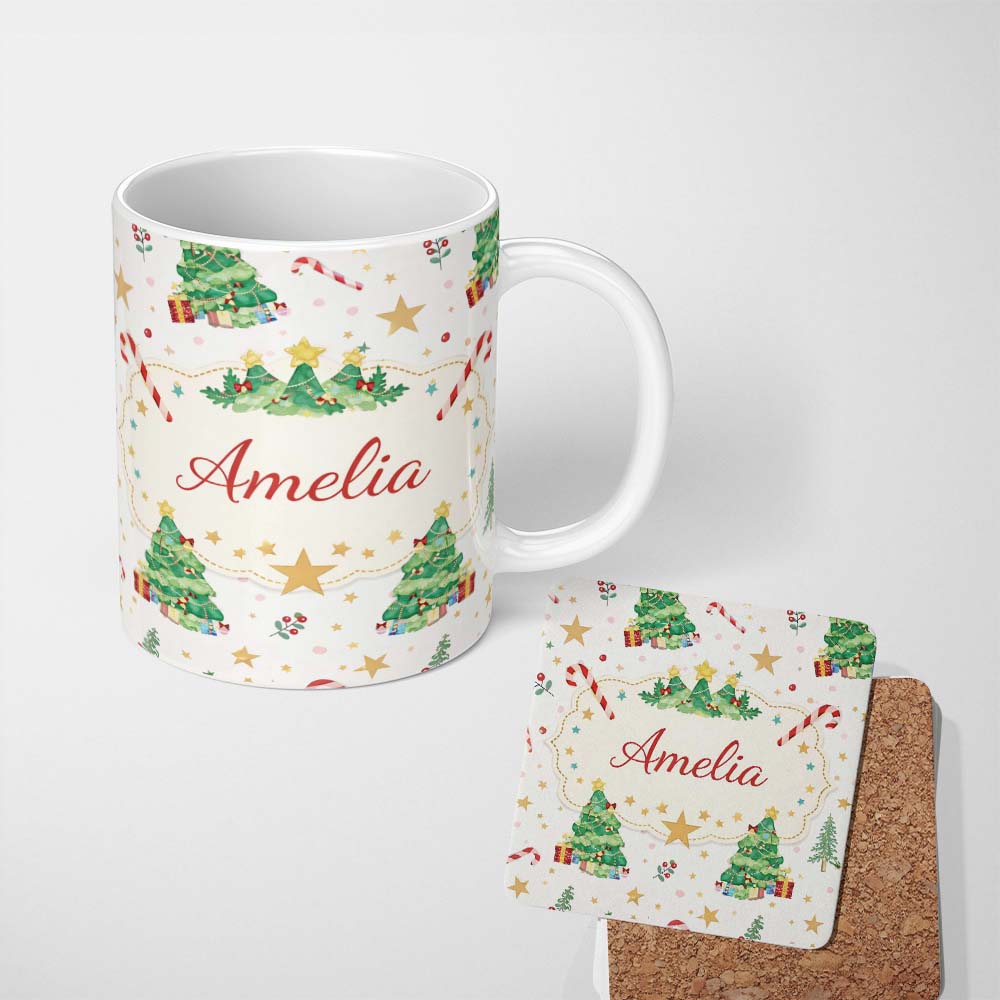 Personalized Custom Name Watercolor Christmas Tree Candy Cane Pattern Festive Seamless Design 11oz Ceramic Coffee Tea Mug White Large Handle
