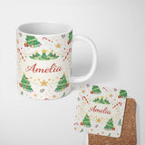 Personalized Custom Name Watercolor Christmas Tree Candy Cane Pattern Festive Seamless Design 11oz Ceramic Coffee Tea Mug White Large Handle