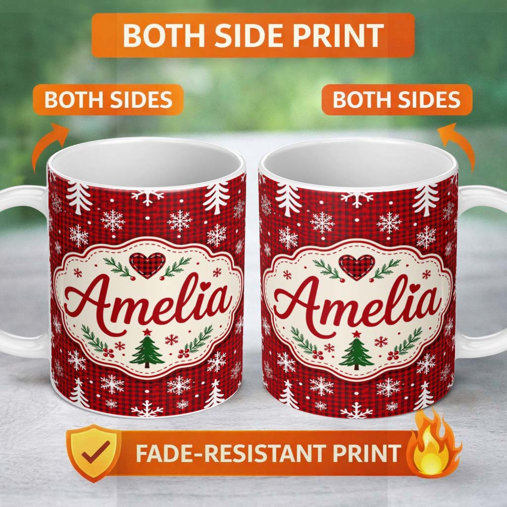 Personalized Custom Name Cute Red Nordic Snowflake Christmas Tree Festive Seamless Pattern 11oz Ceramic Coffee Tea Mug White Large Handle