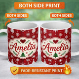 Personalized Custom Name Cute Red Nordic Snowflake Christmas Tree Festive Seamless Pattern 11oz Ceramic Coffee Tea Mug White Large Handle