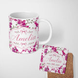 Personalized Custom Name Vibrant Pink Bougainvillea Floral Vine Elegant Seamless Pattern 11oz Ceramic Coffee Tea Mug White Large Handle