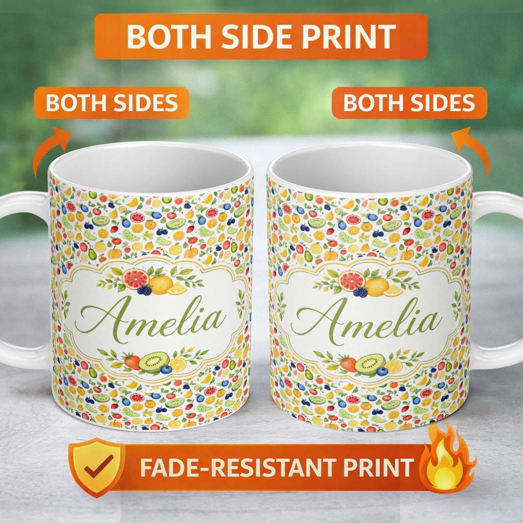 Personalized Custom Name Cute Hand Drawn Mixed Fruit Illustration Seamless Pattern Lovely 11oz Ceramic Coffee Tea Mug White Large Handle