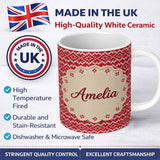 Personalized Custom Name Red White Nordic Knit Snowflake Chevron Pattern Christmas Sweater 11oz Ceramic Coffee Tea Mug White Large Handle