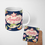 Personalized Custom Name Cute Sea Turtle Starfish Shell Kawaii Ocean Seamless Pattern Navy 11oz Ceramic Coffee Tea Mug White Large Handle