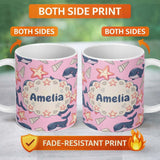 Personalized Custom Name Cute Kawaii Whale Starfish Seashell Ocean Animals Rose Background 11oz Ceramic Coffee Tea Mug White Large Handle