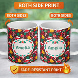 Personalized Custom Name Cute Christmas Bells Skates Candy Cane Seamless Pattern Winter 11oz Ceramic Coffee Tea Mug White Large Handle