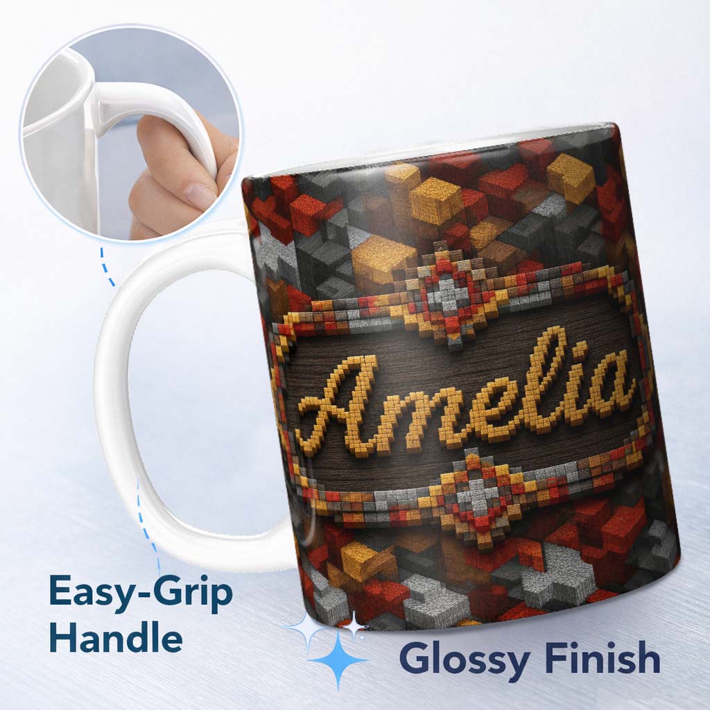 Personalized Custom Name Red Gold Grey 3D Block Abstract Seamless Pattern Cute Unique Gift 11oz Ceramic Coffee Tea Mug White Large Handle