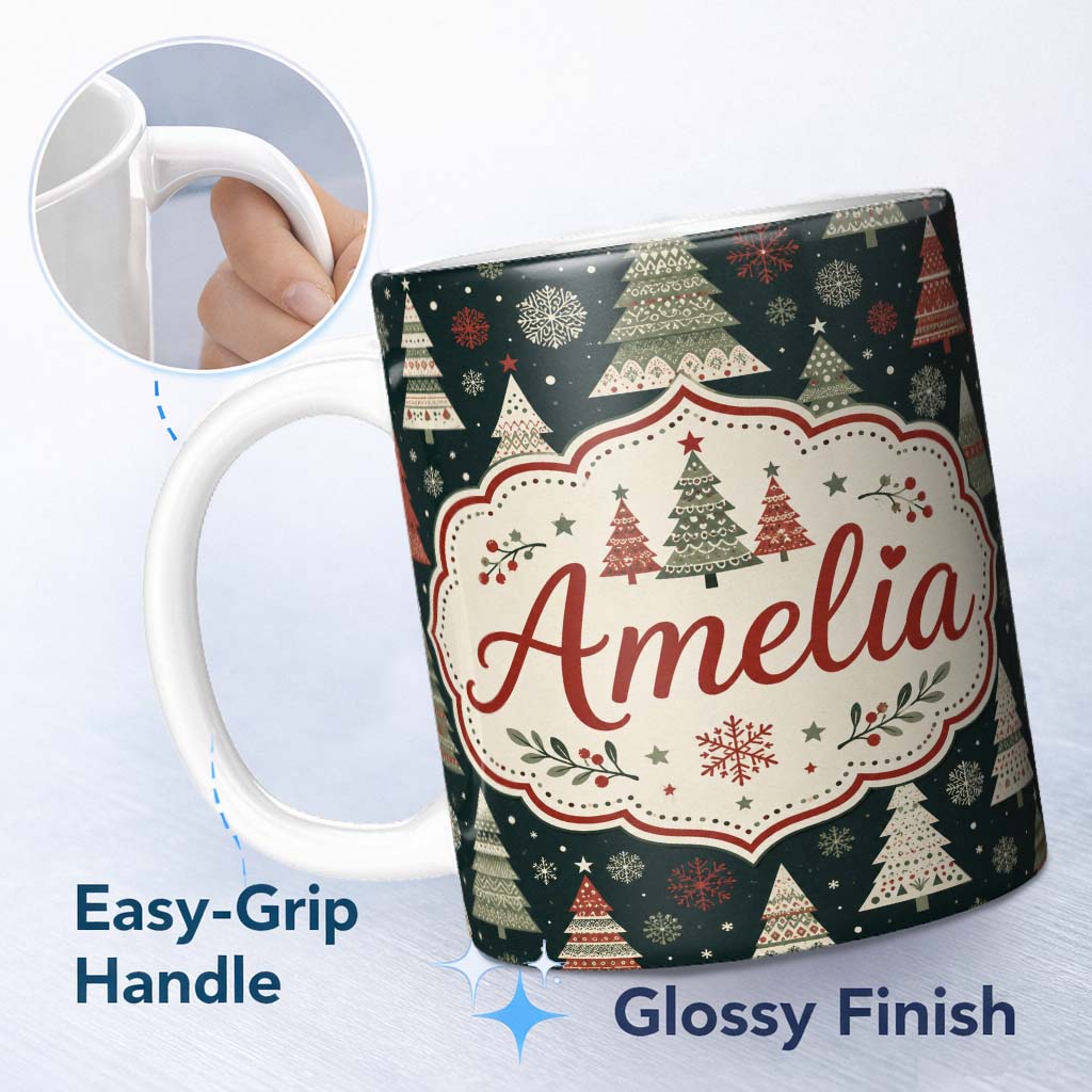Personalized Custom Name Cute Festive Christmas Trees Snowflake Night Seamless Pattern Lovely 11oz Ceramic Coffee Tea Mug White Large Handle