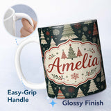 Personalized Custom Name Cute Festive Christmas Trees Snowflake Night Seamless Pattern Lovely 11oz Ceramic Coffee Tea Mug White Large Handle