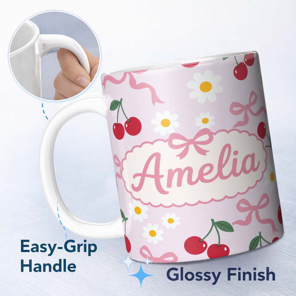 Personalized Custom Name Cute Cherry Bow and Daisy Seamless Pattern on Lavender Lovely 11oz Ceramic Coffee Tea Mug White Large Handle