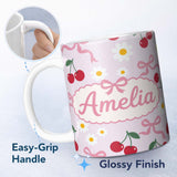 Personalized Custom Name Cute Cherry Bow and Daisy Seamless Pattern on Lavender Lovely 11oz Ceramic Coffee Tea Mug White Large Handle