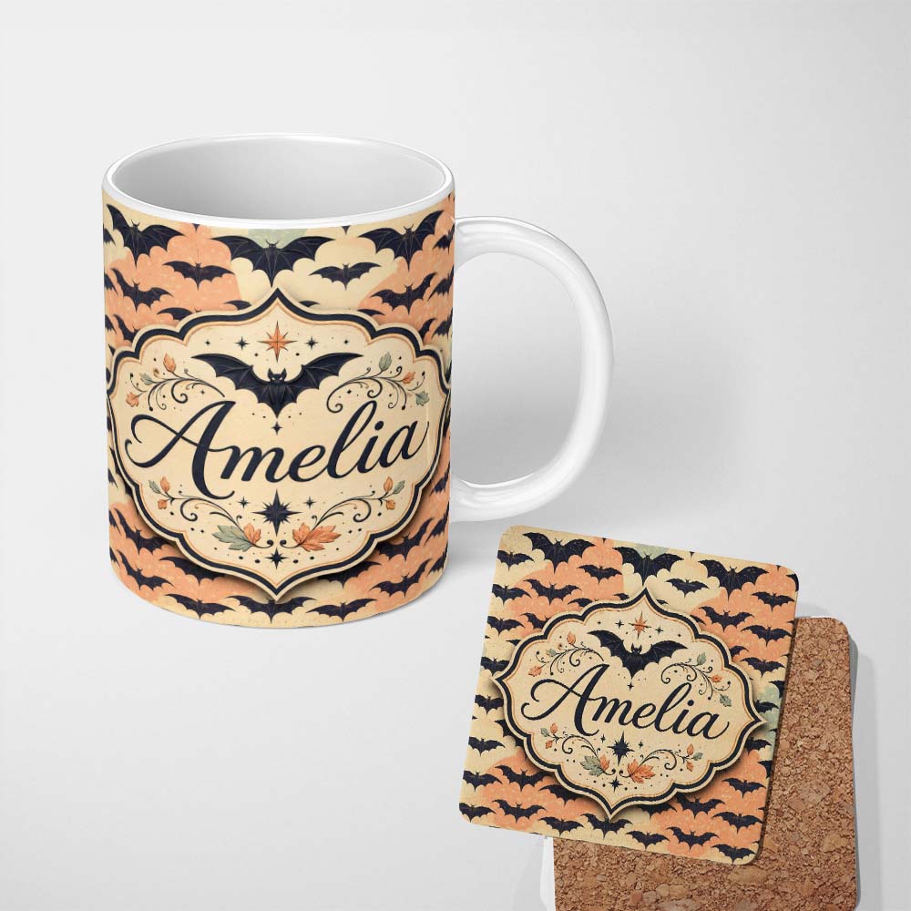 Personalized Custom Name Bats with Pastel Cloud Layers Unique Halloween Seamless Pattern 11oz Ceramic Coffee Tea Mug White Large Handle