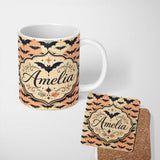 Personalized Custom Name Bats with Pastel Cloud Layers Unique Halloween Seamless Pattern 11oz Ceramic Coffee Tea Mug White Large Handle