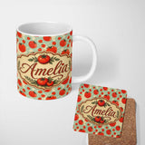 Personalized Custom Name Playful Red Tomatoes Splash Pattern on Light Blue Background Lovely 11oz Ceramic Coffee Tea Mug White Large Handle