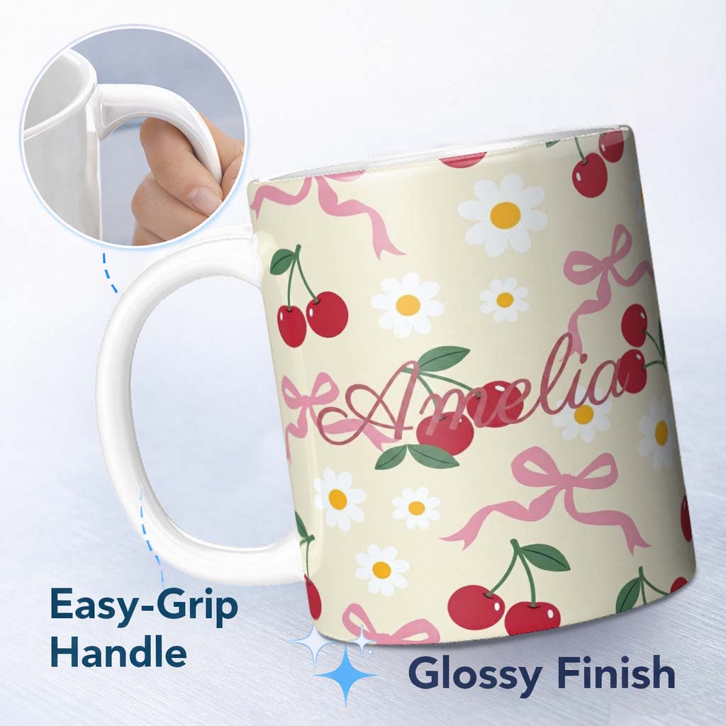 Personalized Custom Name Cute Cherry Bow and Daisy Seamless Pattern on Cream Cute Unique Gift 11oz Ceramic Coffee Tea Mug White Large Handle