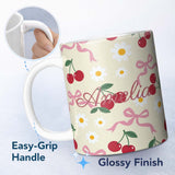 Personalized Custom Name Cute Cherry Bow and Daisy Seamless Pattern on Cream Cute Unique Gift 11oz Ceramic Coffee Tea Mug White Large Handle
