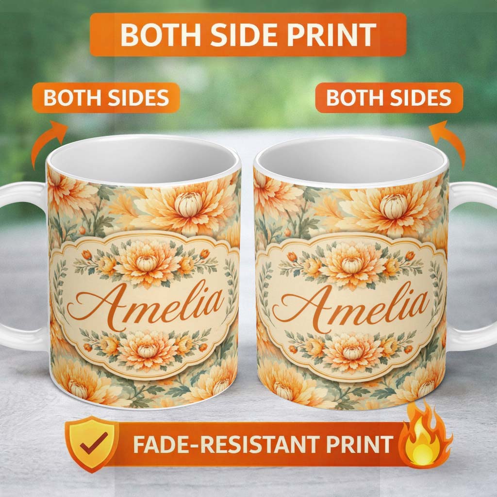 Personalized Custom Name Vintage Orange Floral Seamless Pattern Garden Flowers Botanical 11oz Ceramic Coffee Tea Mug White Large Handle
