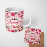 Personalized Custom Name Cute Christmas Cats Gifts and Baubles Pink Festive Seamless Pattern 11oz Ceramic Coffee Tea Mug White Large Handle