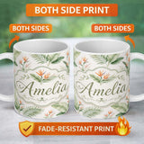 Personalized Custom Name Watercolor Tropical Banana Leaves and Bird of Paradise Floral Lovely 11oz Ceramic Coffee Tea Mug White Large Handle