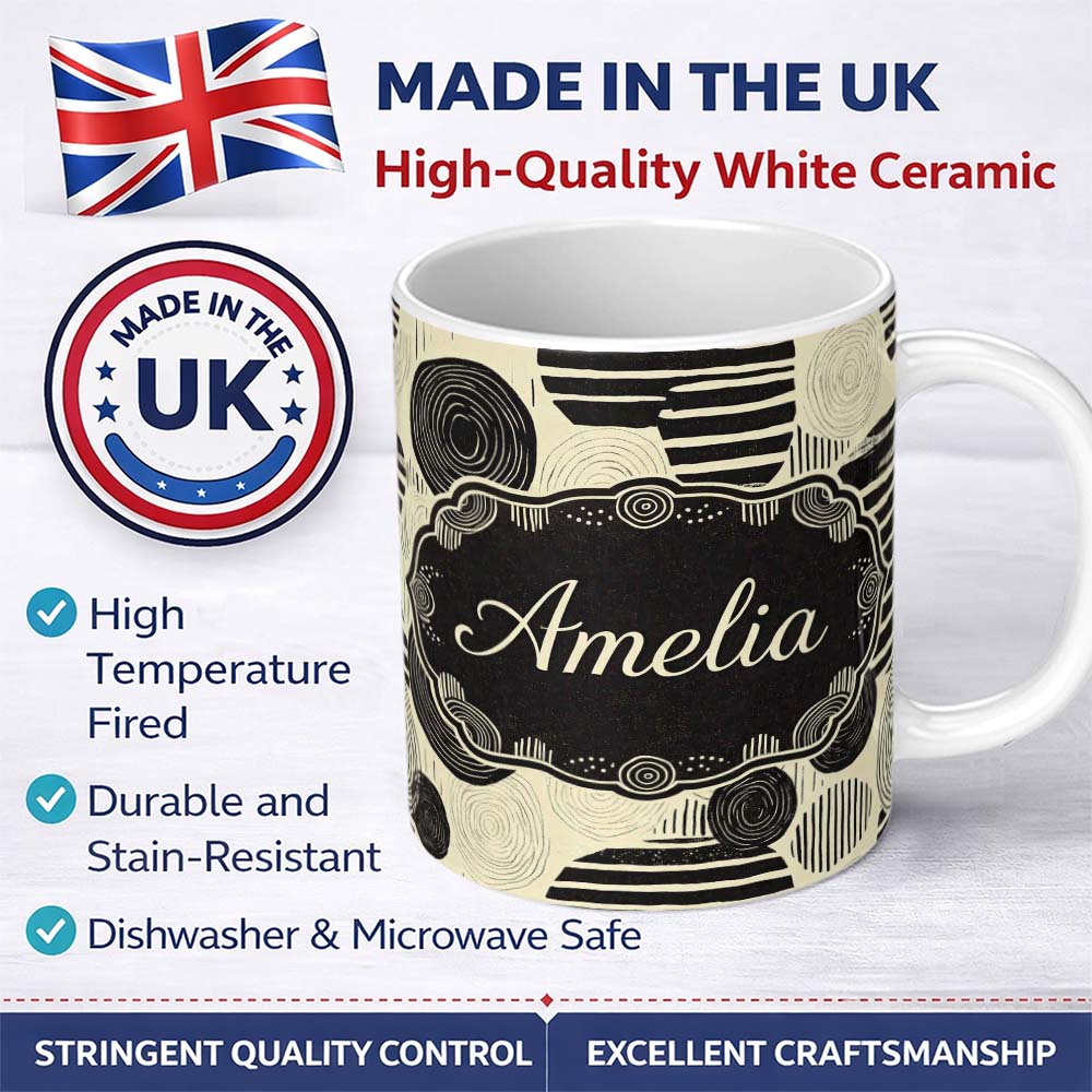 Personalized Custom Name Neutral Patch Blocks Black Beige Modern Abstract Pattern Lovely 11oz Ceramic Coffee Tea Mug White Large Handle