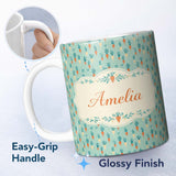 Personalized Custom Name Pastel Carrot Folk Art Style Seamless Pattern Mint Background Lovely 11oz Ceramic Coffee Tea Mug White Large Handle