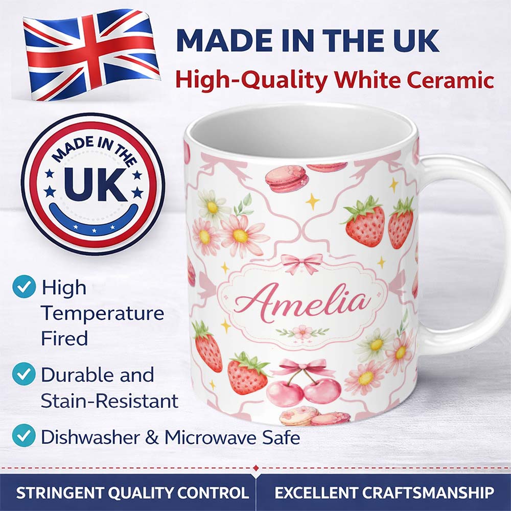 Personalized Custom Name Cute Strawberry Cherry Daisy Floral Bow Sweet Dessert Light Grey 11oz Ceramic Coffee Tea Mug White Large Handle