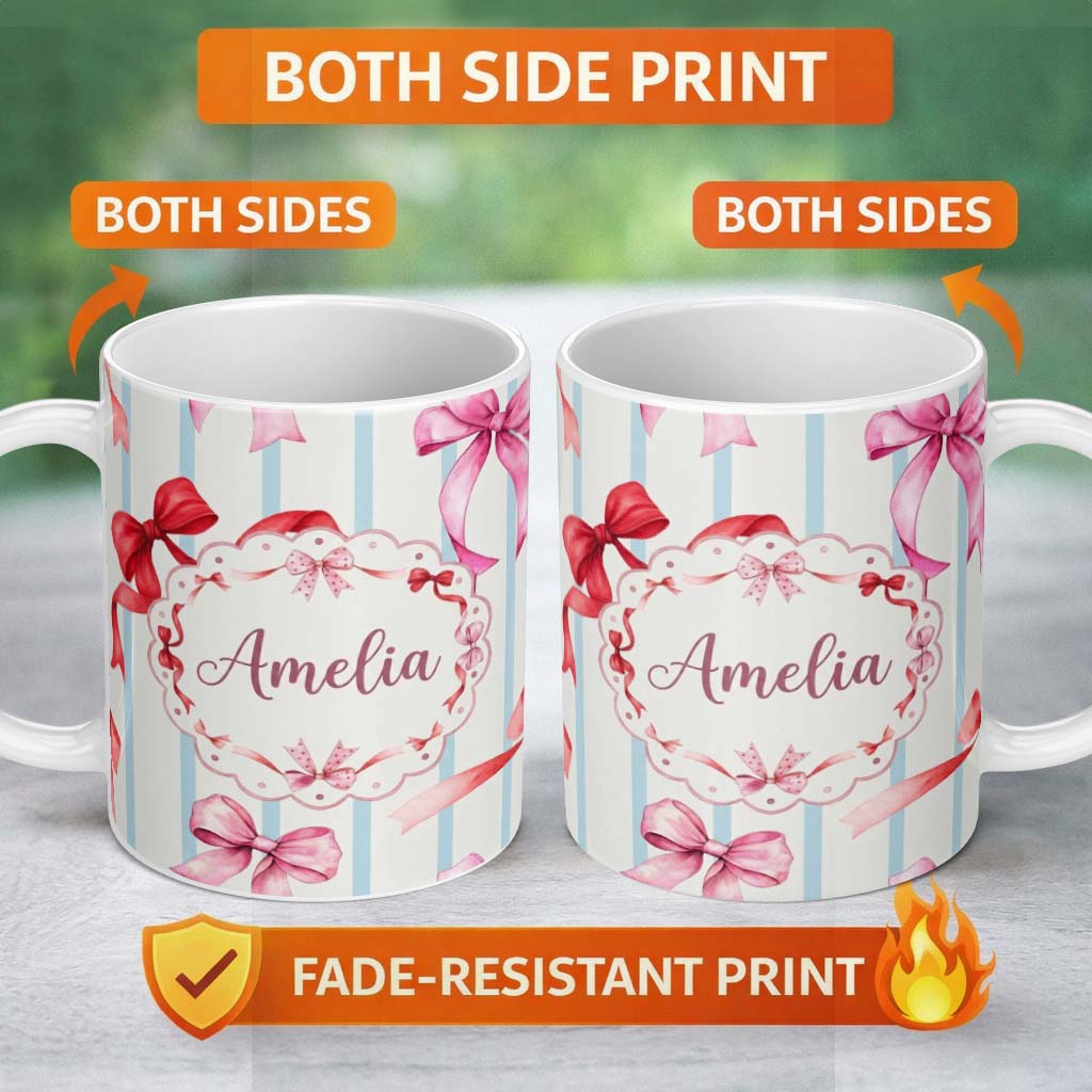Personalized Custom Name Watercolor Ribbon Bow Seamless Pattern on Blue Stripe Background 11oz Ceramic Coffee Tea Mug White Large Handle