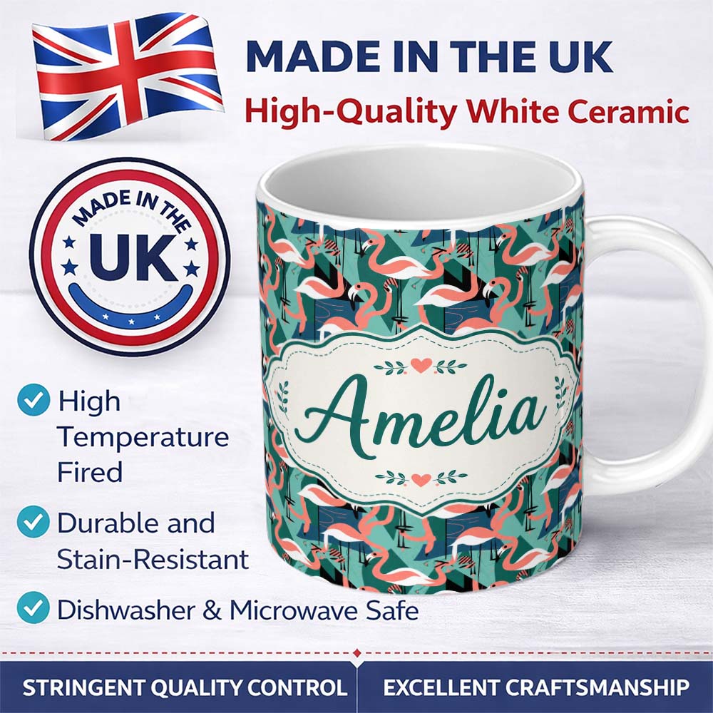 Personalized Custom Name Modern Flamingo Birds with Geometric Jungle Background Seamless 11oz Ceramic Coffee Tea Mug White Large Handle