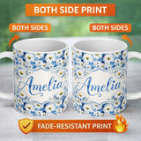 Personalized Custom Name Blue Watercolor Drip Daisy Artistic Seamless Pattern Lovely 11oz Ceramic Coffee Tea Mug White Large Handle