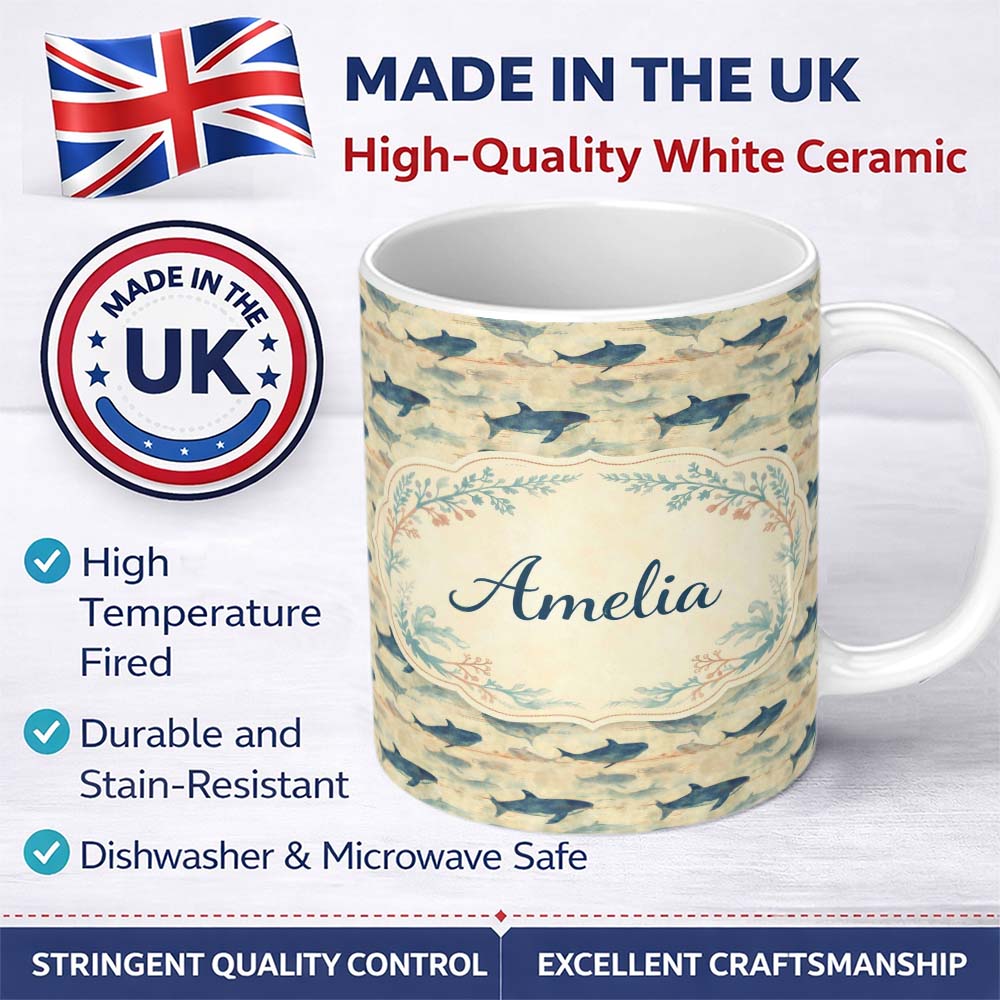 Personalized Custom Name Ocean Whale Seamless Pattern Distressed Beige Marine Animal Design 11oz Ceramic Coffee Tea Mug White Large Handle