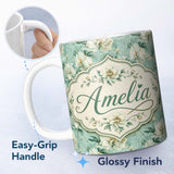 Personalized Custom Name Elegant Cream Floral Bouquet on Soft Sage Green Seamless Pattern 11oz Ceramic Coffee Tea Mug White Large Handle