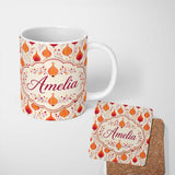 Personalized Custom Name Bright Orange Onion Seamless Pattern Modern Folk Botanical Design 11oz Ceramic Coffee Tea Mug White Large Handle