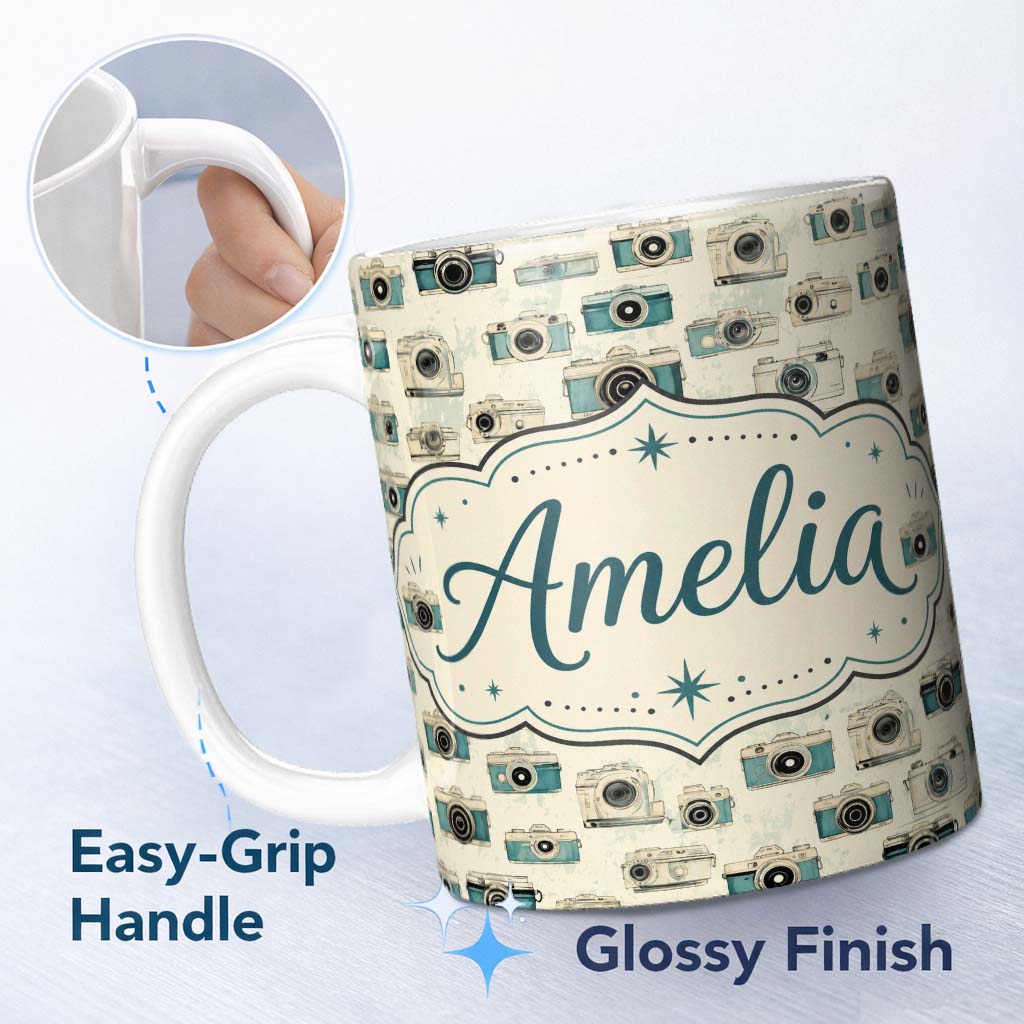 Personalized Custom Name Soft Blue Vintage Camera Tossed Seamless Pattern on Light Background 11oz Ceramic Coffee Tea Mug White Large Handle